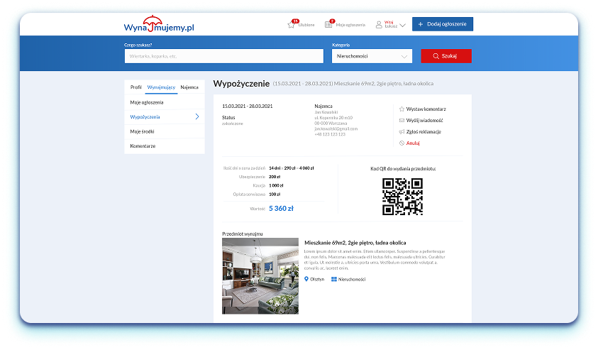 Rental Platform admin panel with rental history and pricing details