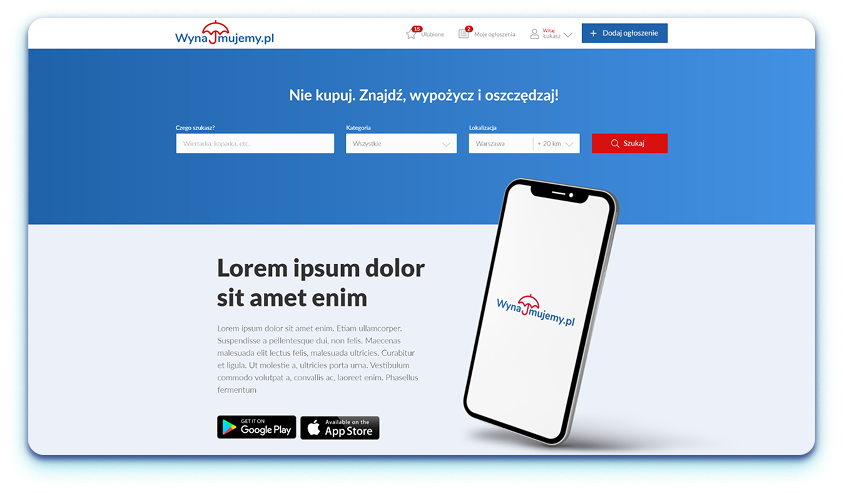 Rental Platform landing page with search and mobile app view