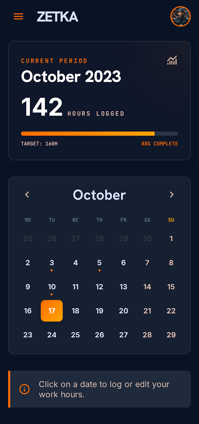 Zetka dashboard showing monthly logged hours and calendar