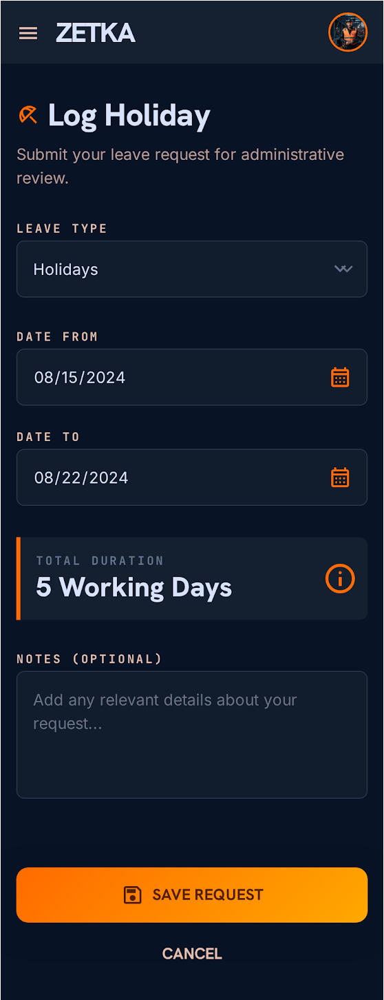 Zetka leave request entry screen
