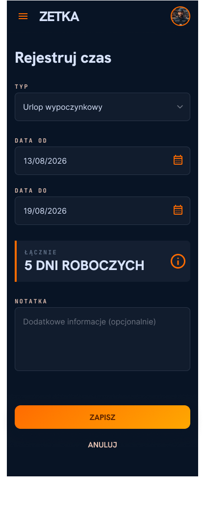 Ekran rejestracji urlopu w aplikacji Zetka