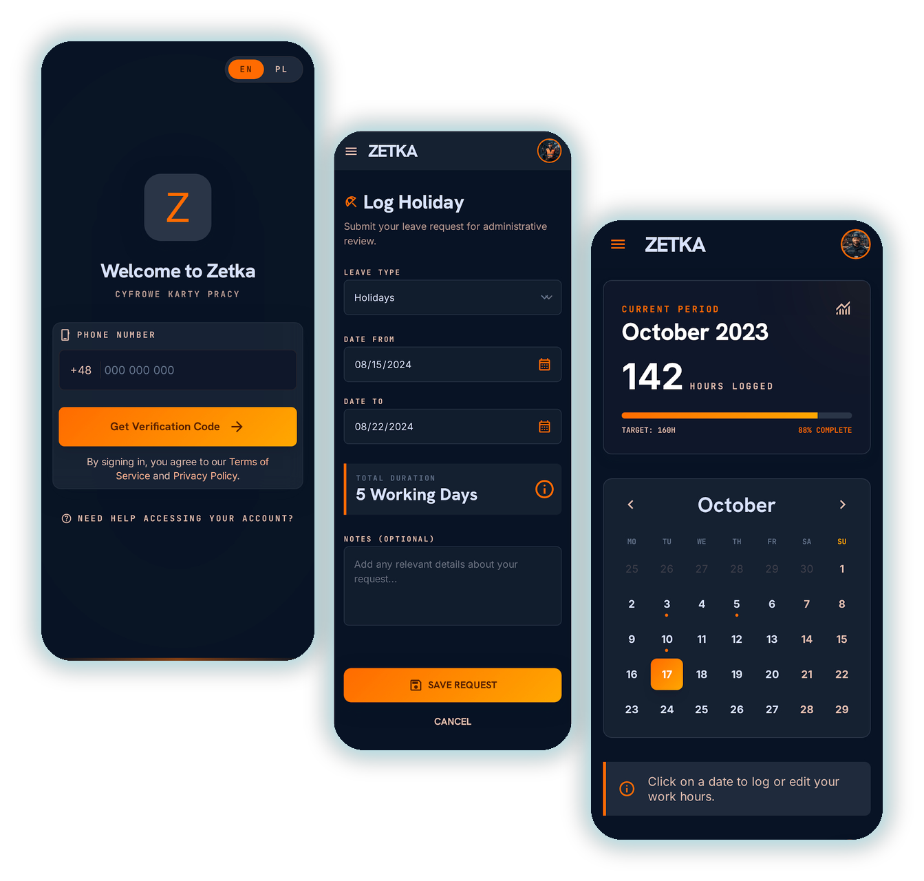Zetka app screens: login, leave request and monthly time tracking dashboard