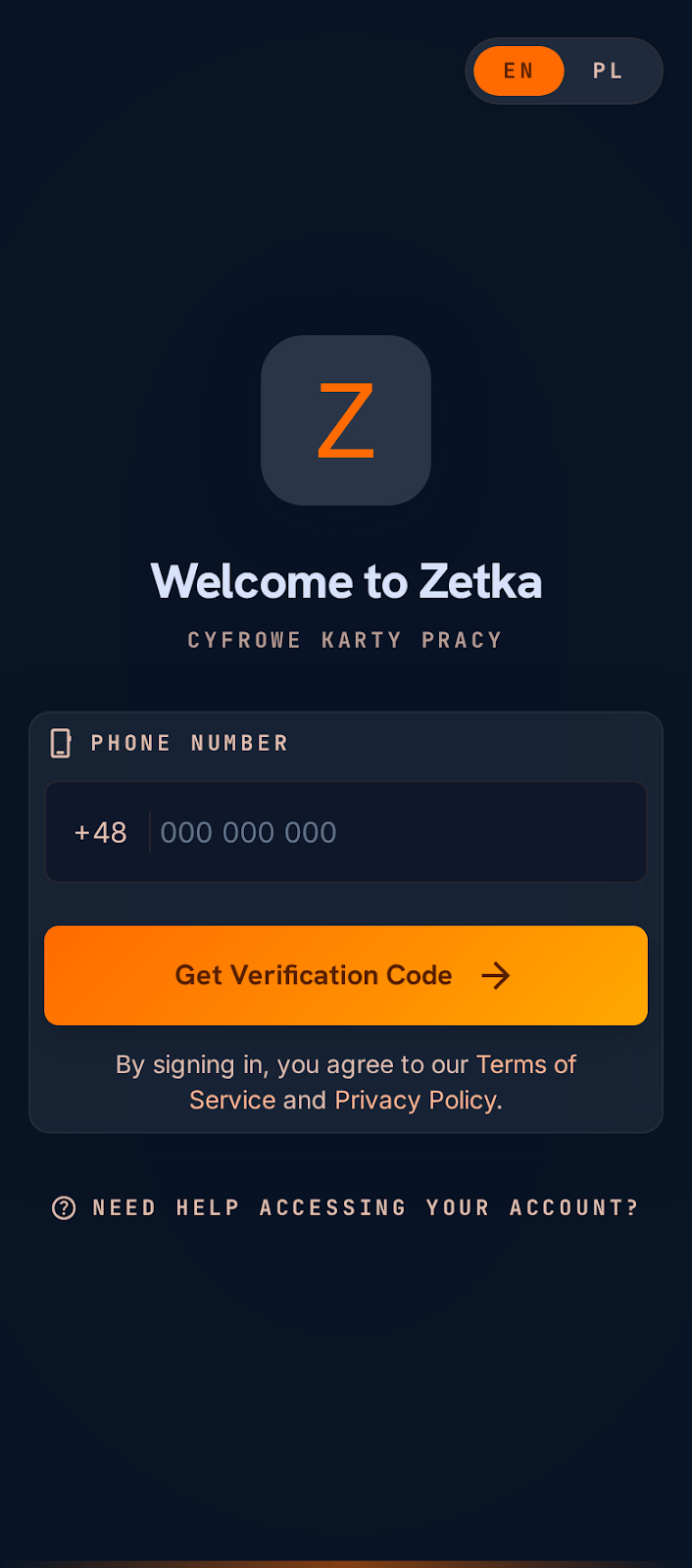 Zetka phone number login screen