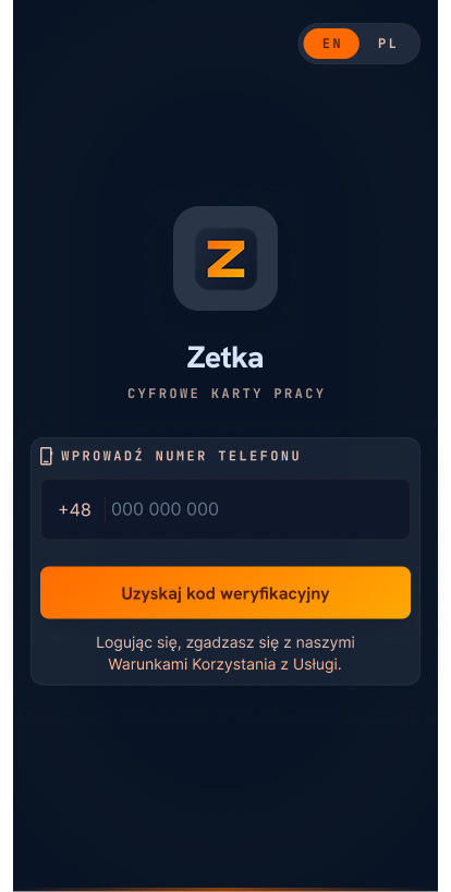 Ekran logowania aplikacji Zetka numerem telefonu