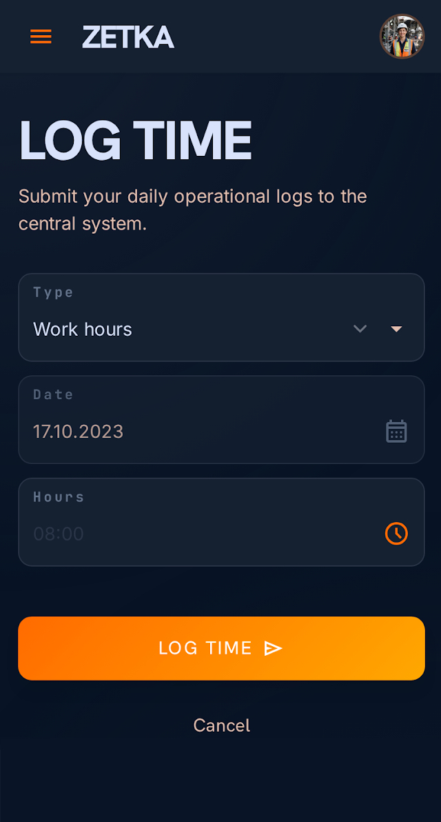 Zetka work hours entry screen