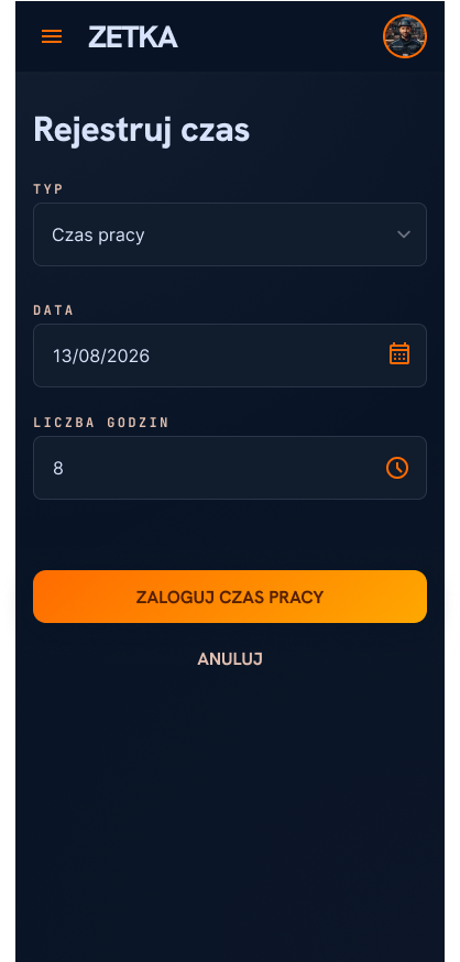 Ekran rejestracji czasu pracy w aplikacji Zetka